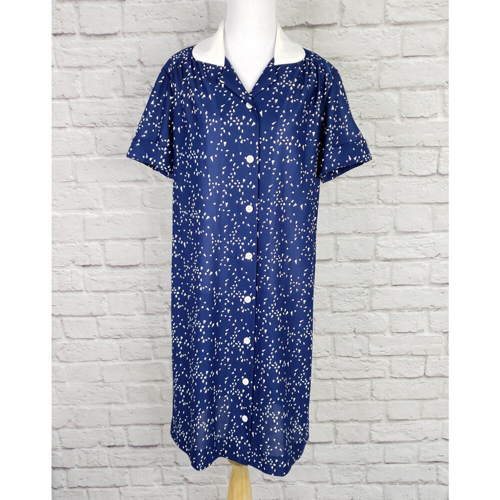 Vintage Handmade Navy Blue and White Geometric Print Day Dress Fits M/L